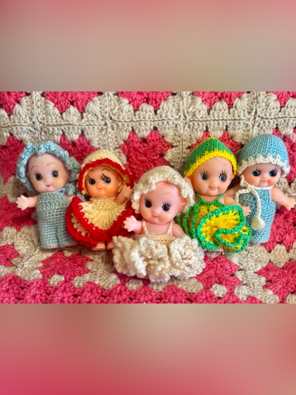 Vintage Kewpie-style Doll Set in Pastel Crochet Outfits Set of Five